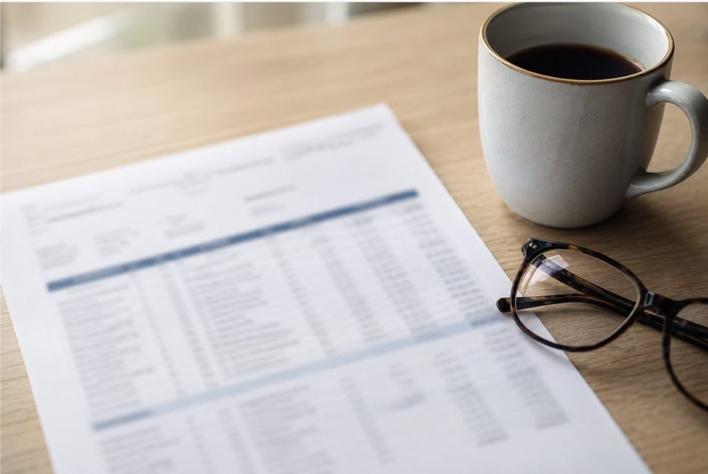 Relevé bancaire papier posé sur une table en bois, à côté d'une tasse de café et d'une paire de lunettes