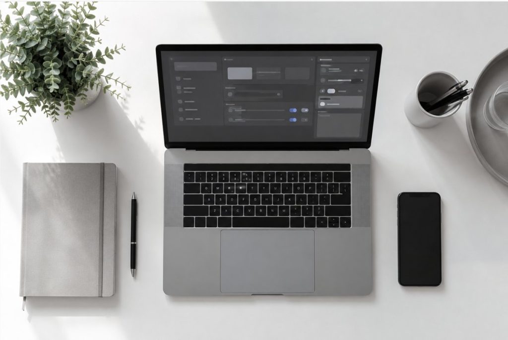Bureau vu de dessus avec un ordinateur portable ouvert sur un écran de réglages, un carnet, un stylo et un téléphone